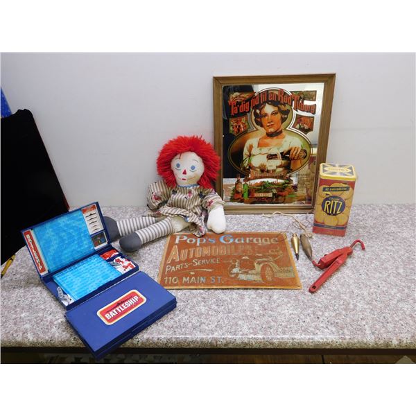 Lot of Assorted Vintage Knick Knacks Rusted Sign, Mirror Wall Sign, Advertising, Plumb Bombs, Etc