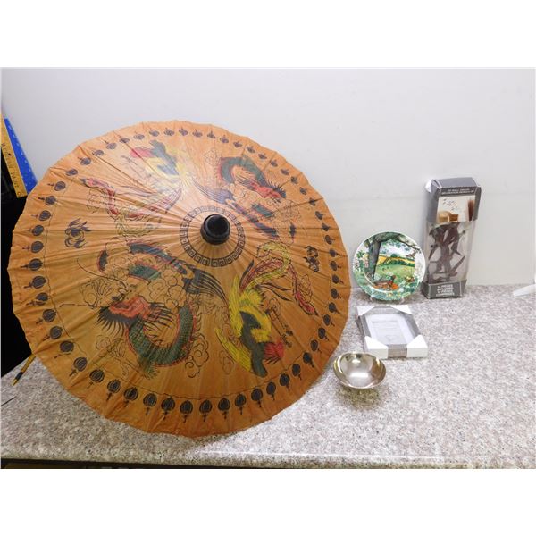 Lot of 5 Asian Paper Fan, Collectibe Plate, Wooden Bird Wall Decor, Frame, Bowl