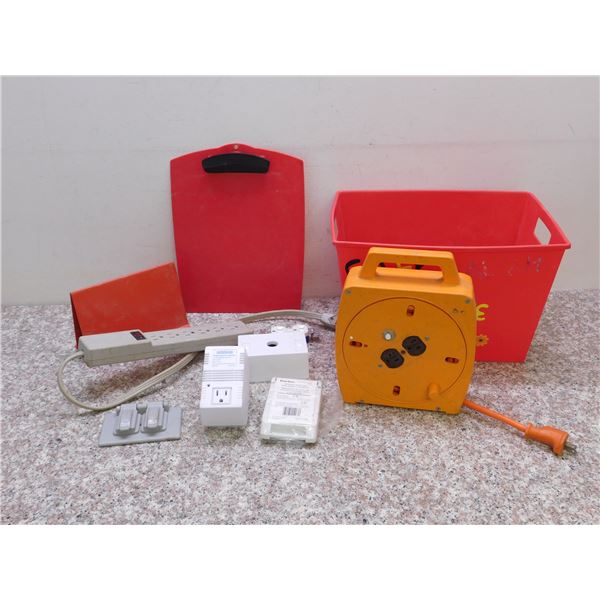 Lot of Misc Electric Items Power Bar, Step Down Transformer, Outdoor Outlet Kit, Extension Cable,