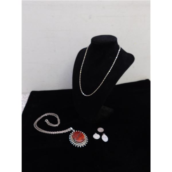 Lot of 5 925 Silver Italian Chain Necklace, King George 1933 Three Pence, 2 Religious Pendants Italy