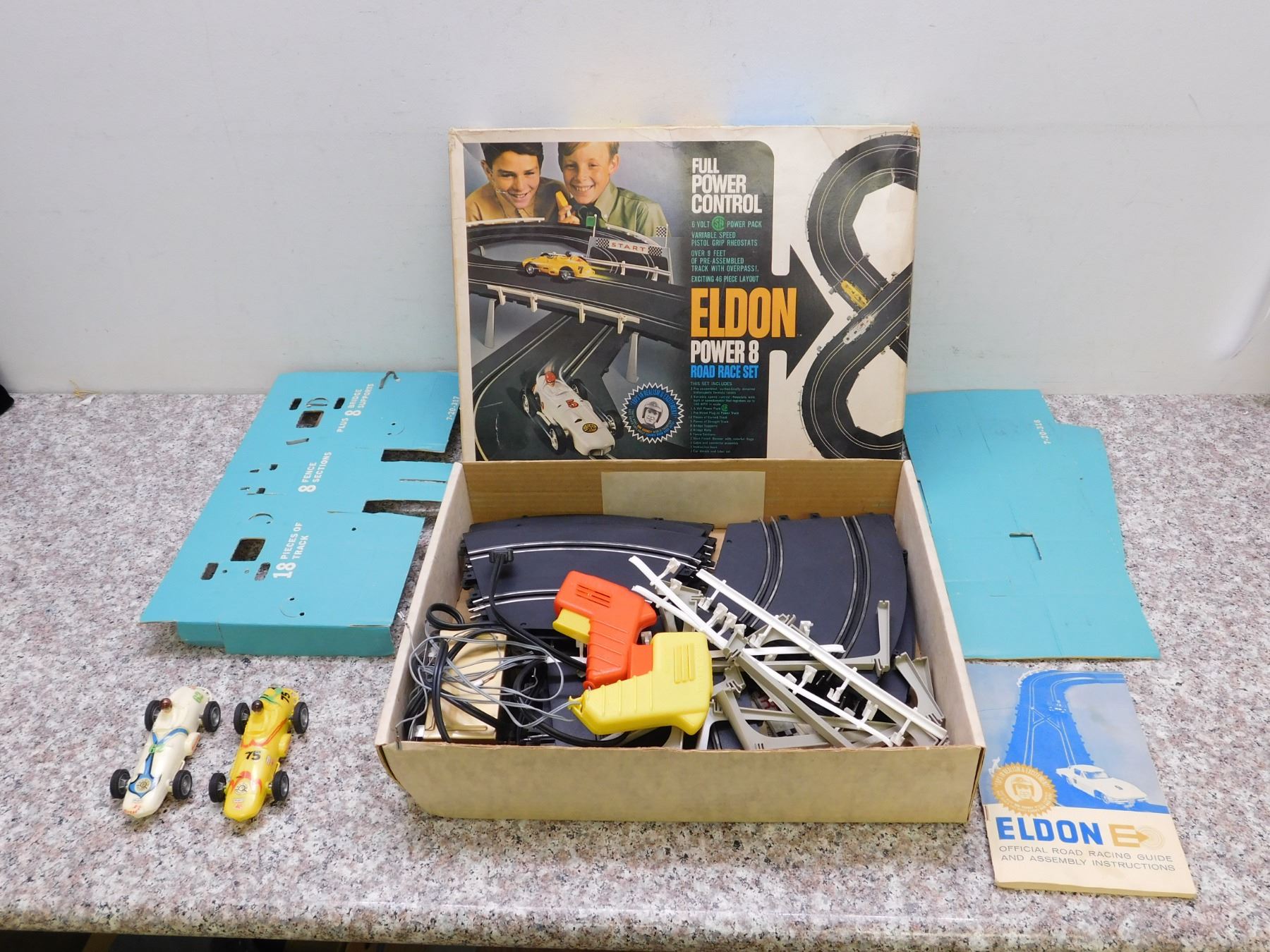 Vintage 1964 Eldon Power 8 Road Race Set COMPLETE with 2 Cars Boxed