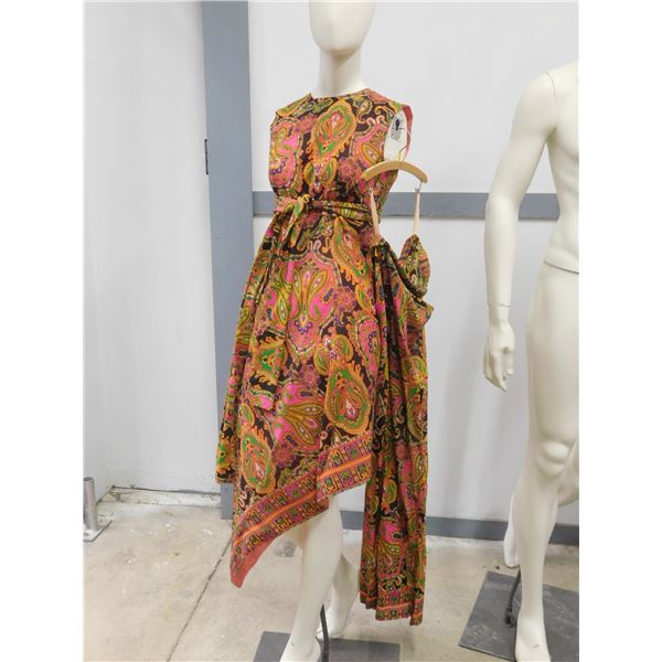 Vintage Women's Psychedelic Hippie Dress, Pants and Sash Combination 60s 70s Size XS