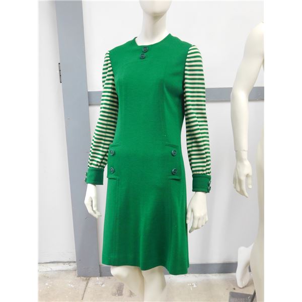 Vintage Women's HeKo Le signe de Paris Green Winter Dress Striped Sleeves