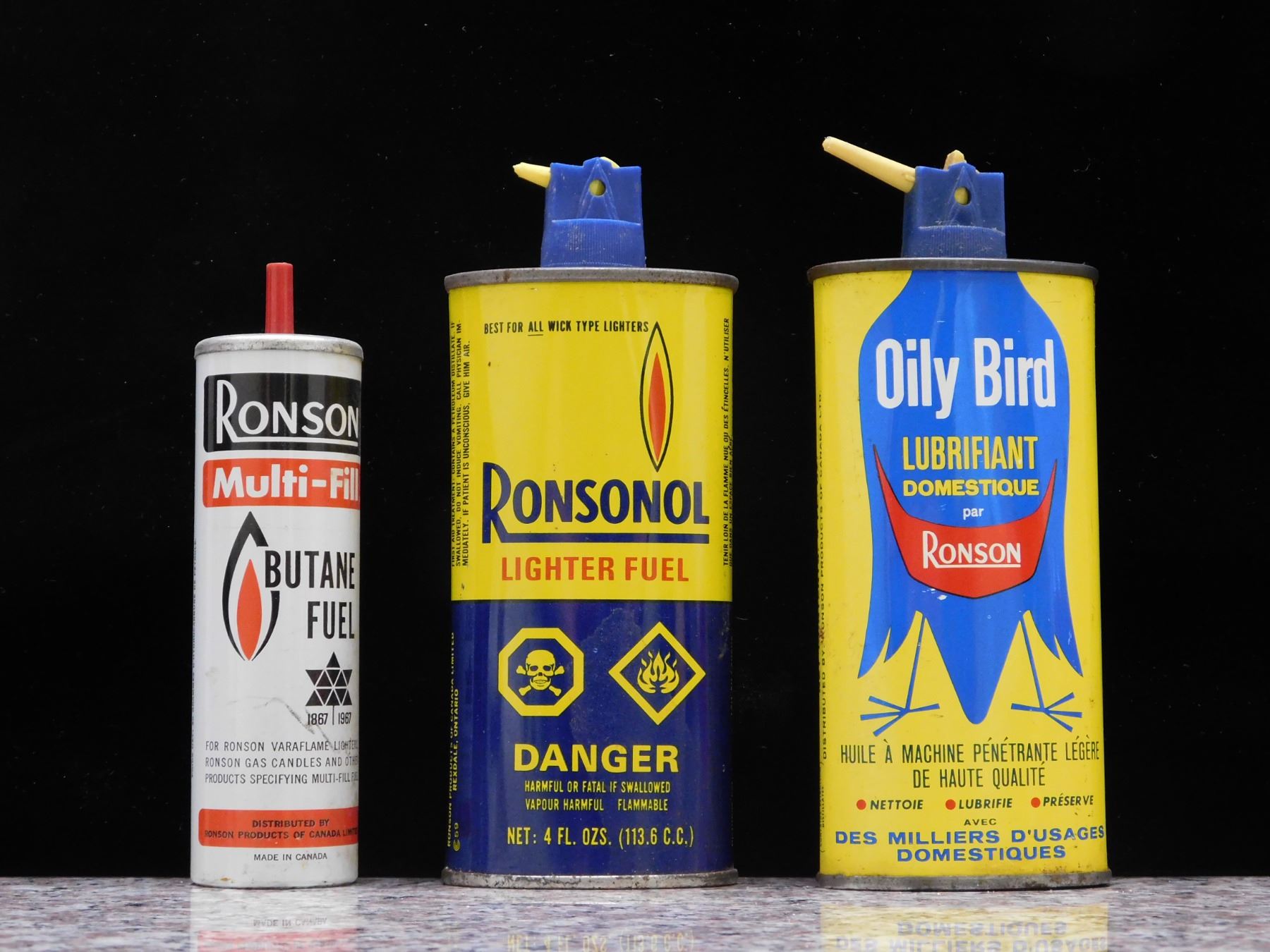 Lot of 3 Vintage Oily Bird Lubricant, Ronsonol Lighter Fuel, Ronson