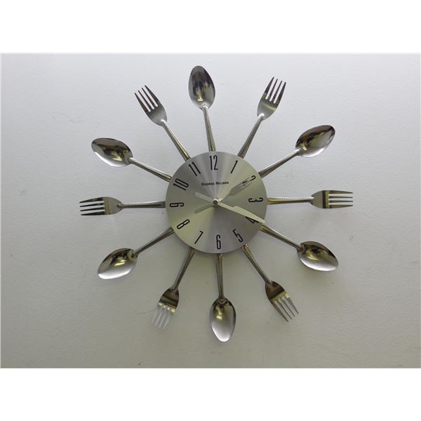 Nelson Kitchen Wall Clock Utensils Fork Spoon Metal Modern