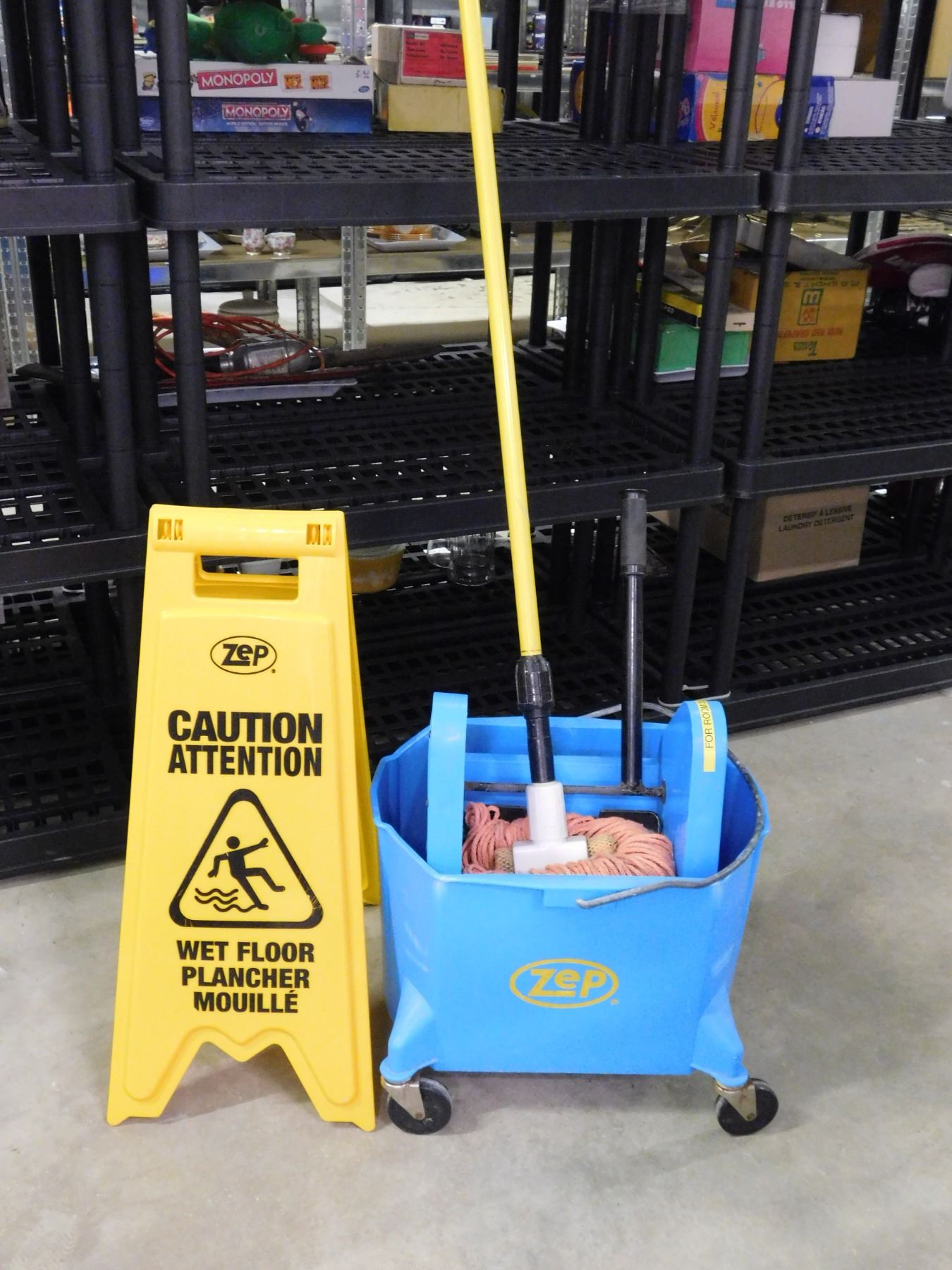 Commercial Zep Mop Bucket, Mop and Wet Floor Sign