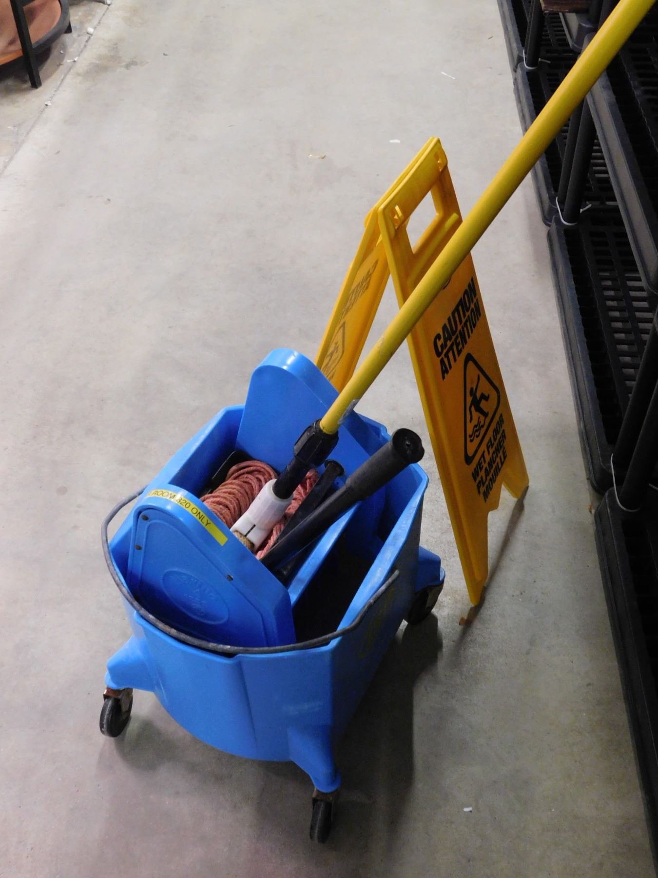 Commercial Zep Mop Bucket, Mop and Wet Floor Sign
