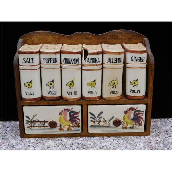 Vintage Japan Spice Rack Ceramic Containers Wooden Shelf Rooster and Chicks