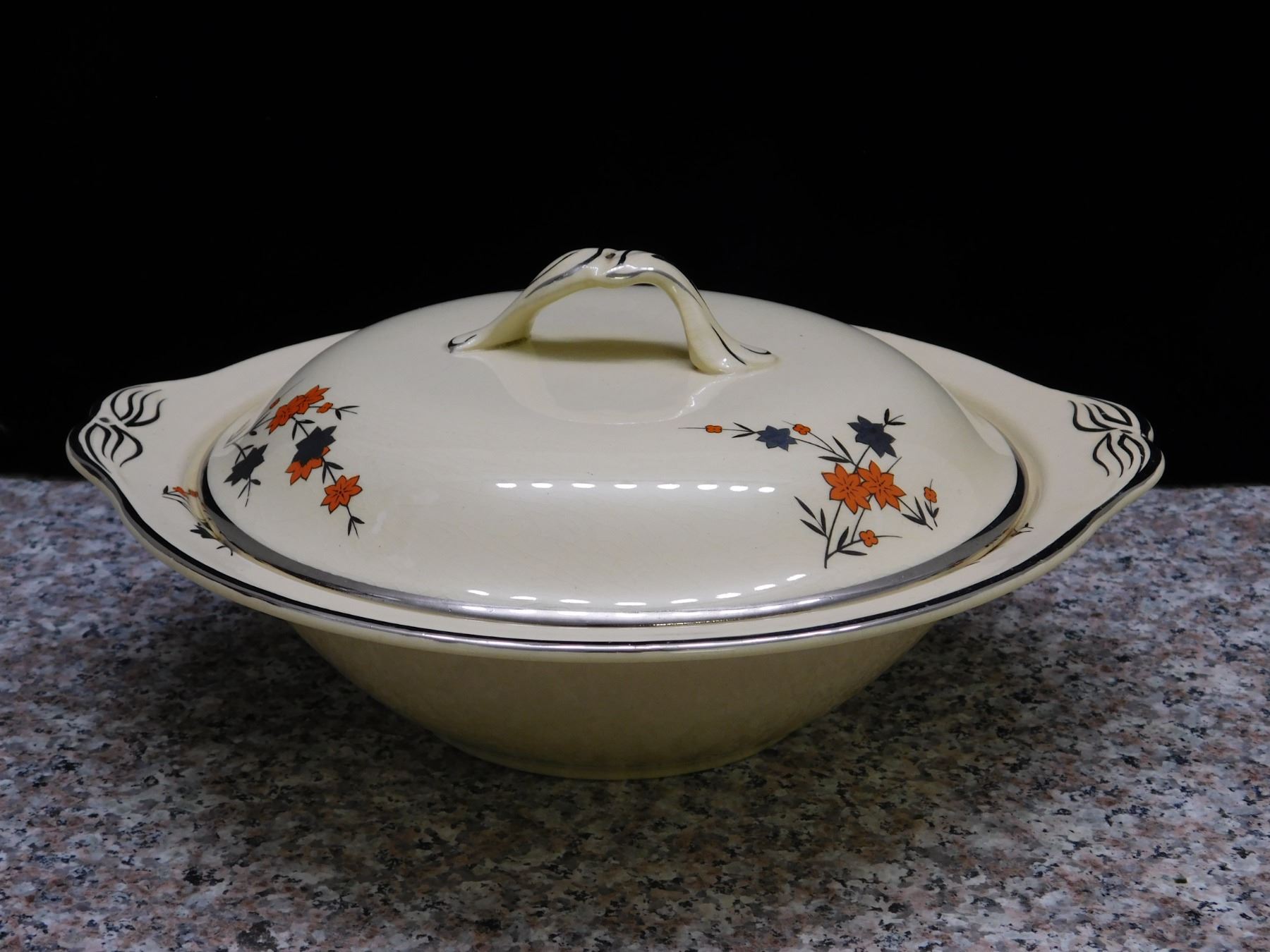 Victorian Johnson Bros England China Serving Bowl With Lid Black and