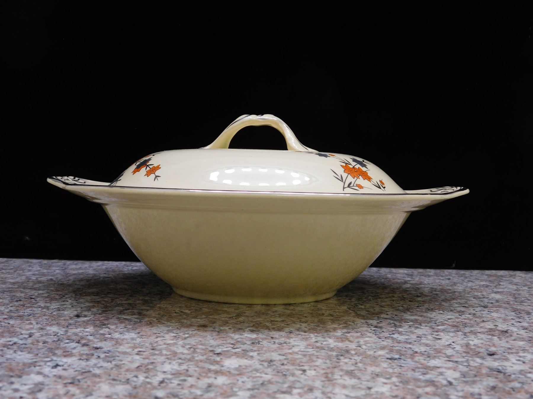 Victorian Johnson Bros England China Serving Bowl With Lid Black and