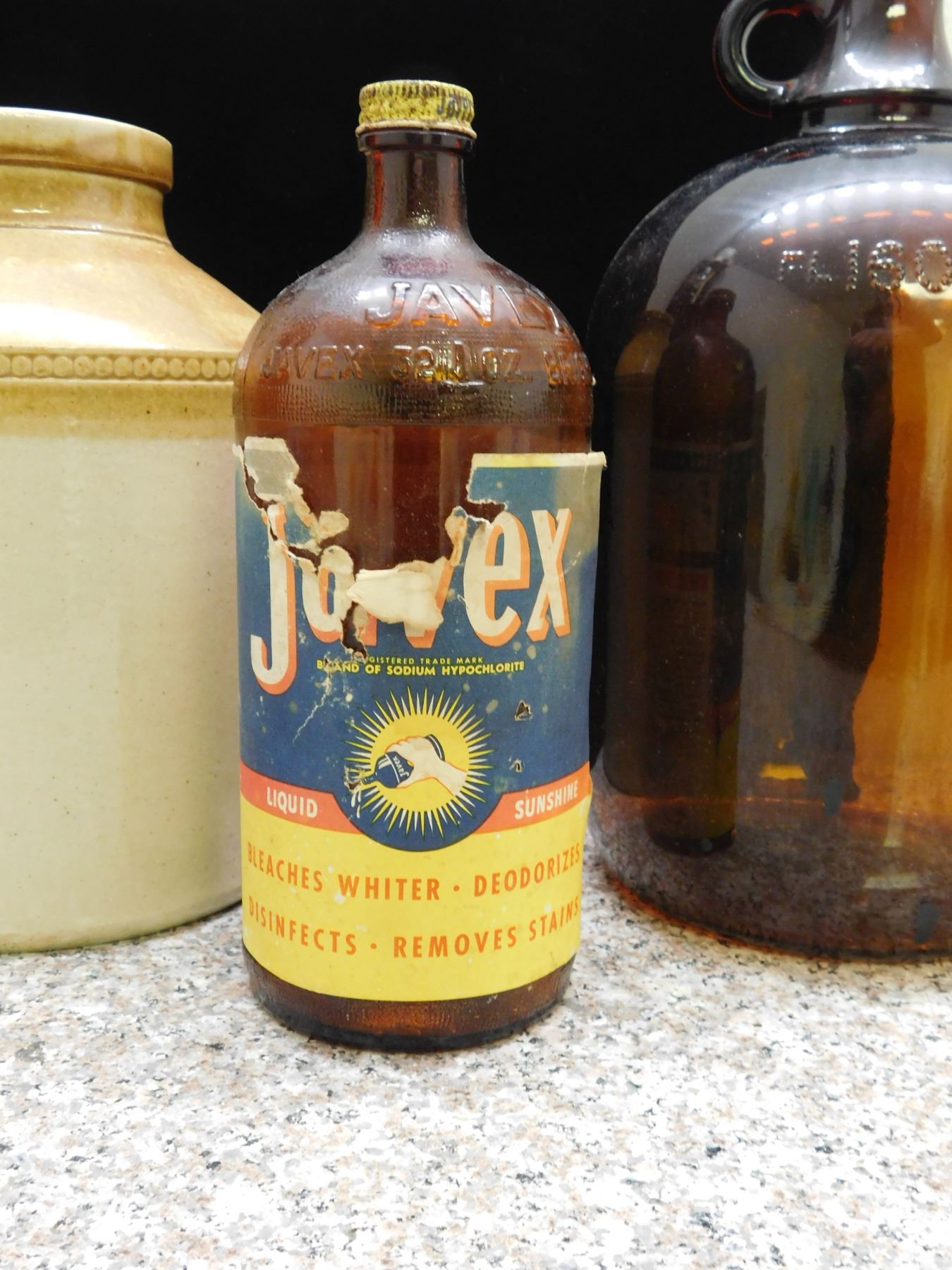 Lot of 4 Vintage Brown Glass Jugs Javex Bleach and Stoneware Crock Jar