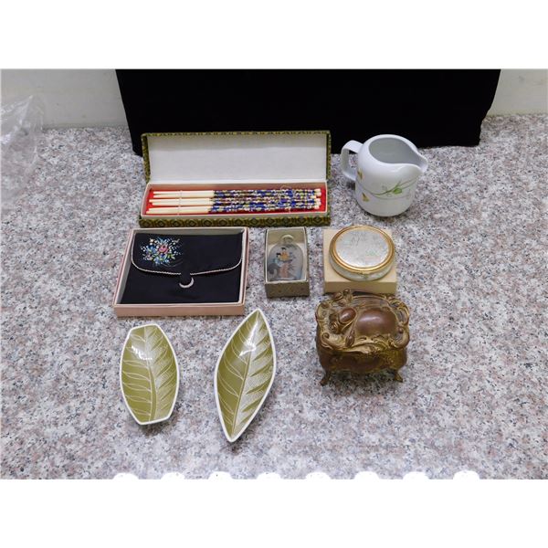 Lot of 8 Asian Style, Japan Mug, Chopsticks, Compact, Small Bottle, Leaf Trays, Metal Chest, Pouch
