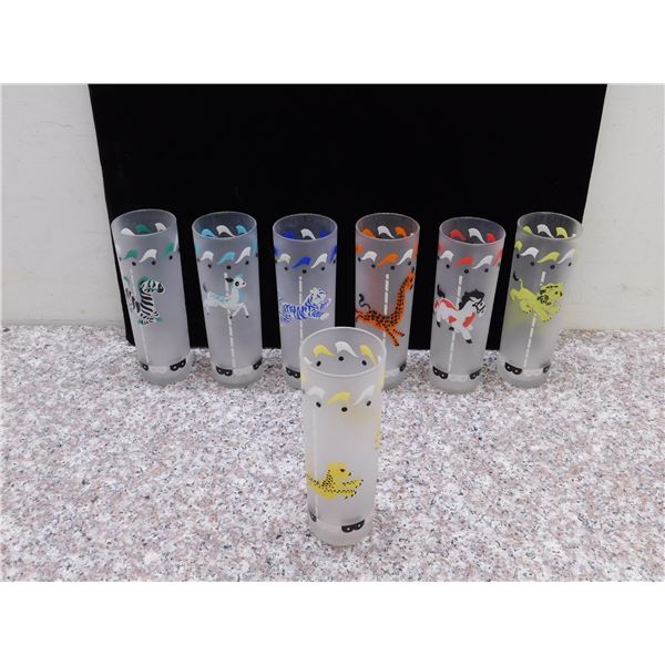 Lot of 7 Frosted Merry-Go-Round Circus Carousel Jungle Animals Highball Drink Glasses Libbey