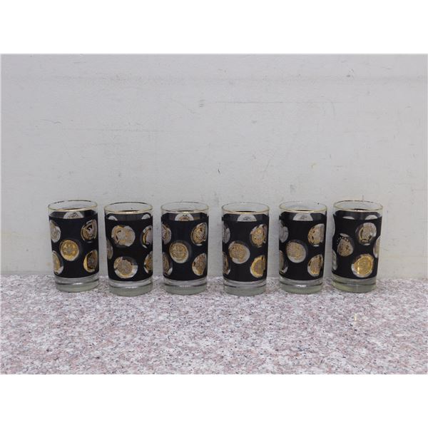 Lot of 6 Libbey Coin Glasses Barware Black and Gold Textured Highball Glasses