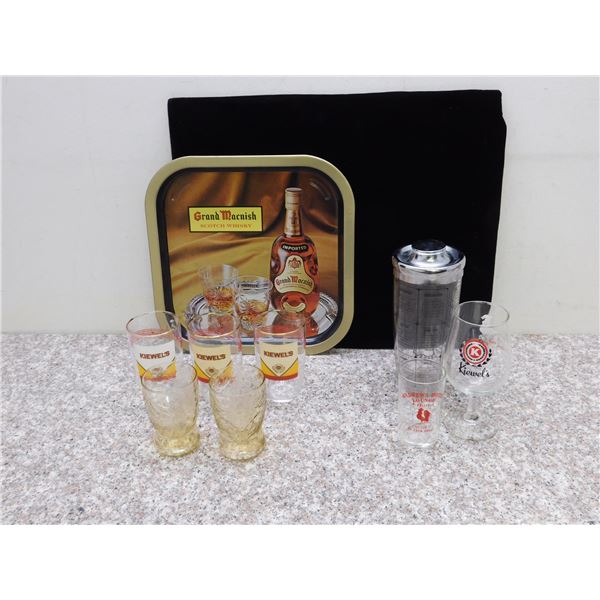 Lot of 9 Assorted Barware Man Cave Highball Glasses, Wine Glass, Mixer, Tray