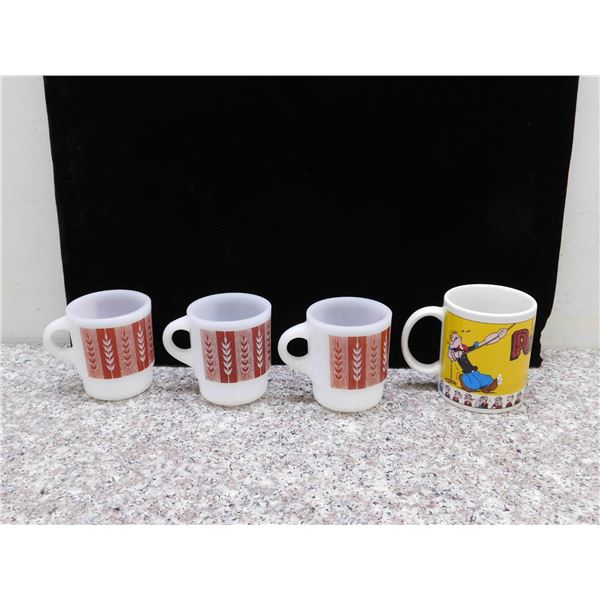 Lot of 4 Anchor Hocking Fire King Mugs and One Popeye Novelty Mug
