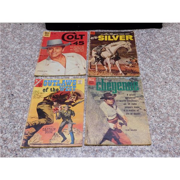 4 Cowboy Comics from 50’s & 60’s. Colt 45-No.5, Hi-Yo Silver No.11, Cheyenne No. 19, Outlaws No. 64.
