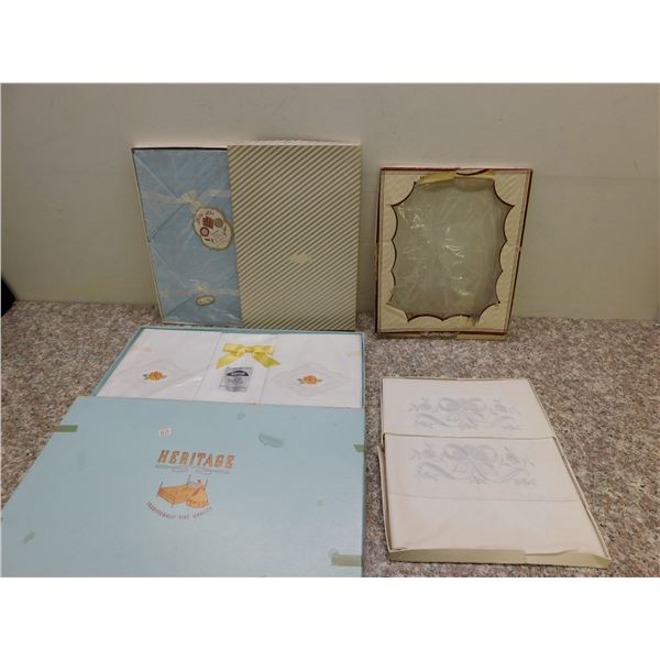 Lot of 3 Boxed Vintage Table Linens Heritage Decorative Sheet and Pillow Cases, Table Cloth, Pillow