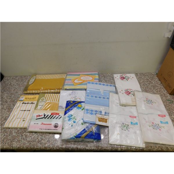 Lot of 11 Bagged New Vintage Linens Embroidered  Sheets, Pillowcases, Misc