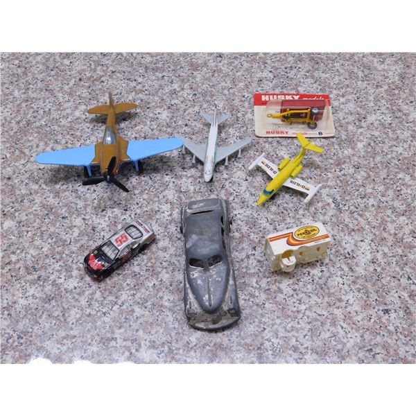 Lot of Misc Matchbox Airplanes, Tootsie Toy Plane, London Toy Aerosmith Racecar, Husky Trailer