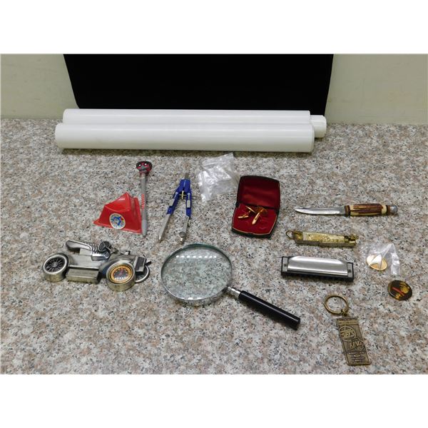 Magnifying Glass, Cufflinks, Pocket Knives, Wall Clock, Protractor and Deadpool Pen, Star Trek Pin +