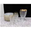 Image 1 : Lot of Glassware 13 Saucers 3 Cups and 1 Pitcher Gold Rimmed Coin Dot Vintage