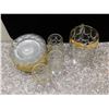 Image 2 : Lot of Glassware 13 Saucers 3 Cups and 1 Pitcher Gold Rimmed Coin Dot Vintage