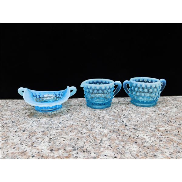 Lot of 3 Hobnail Blue / Milk Glass Opalescent Cream Sugar and Dish