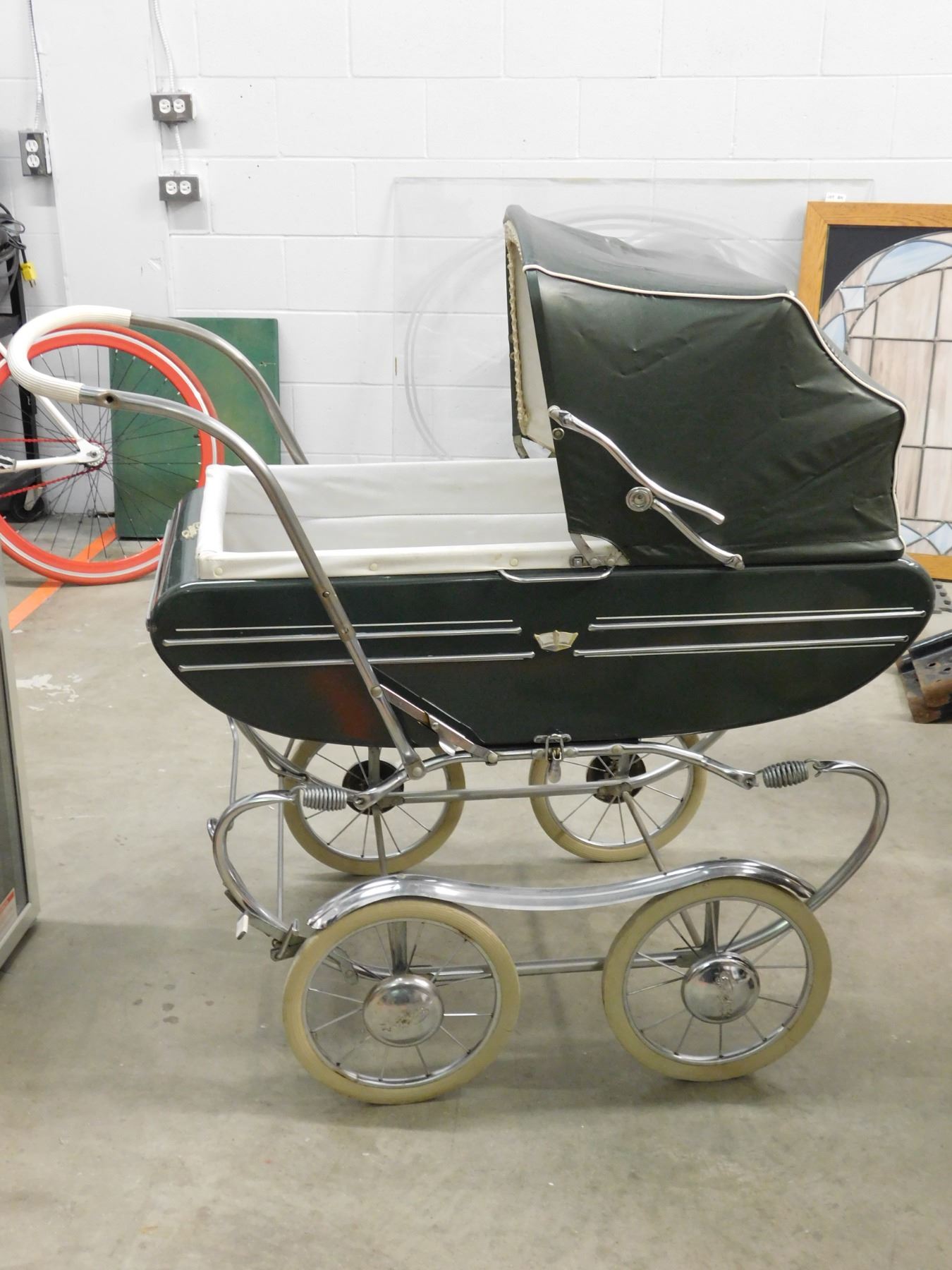 Gendron Vintage Baby Stroller / Carriage Dark Green & Chrome
