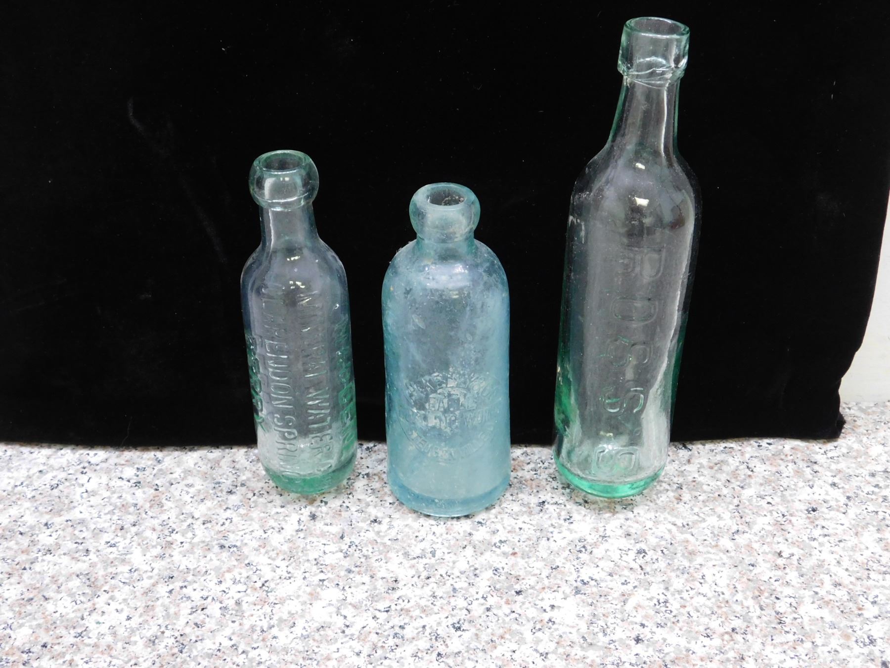 Lot of 3 Antique Bottles Torpedo Bottle Madden Mineral Water, Ross S