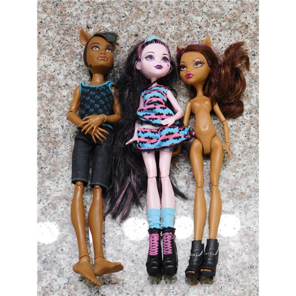 Lot of 3 Monster High Dolls Draculara Party Hair, Clawdeen Body and Clawd Wolf Music Festival