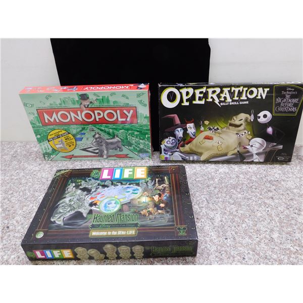 Lot of 3 Monopoly,Operation Nightmare Before Christmas, Life Board Game Haunted Mansion Tabletop
