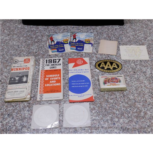 Lot of 1967 Pan Am Games Decals, Schedules, Red Rose Tea Mad Hatter Party Cards, Triple A Stickers +