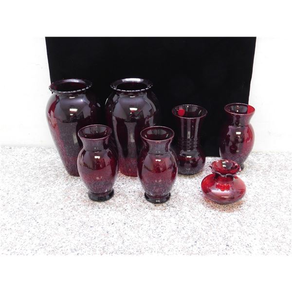 Lot of 7 Red Depression Glass Vases