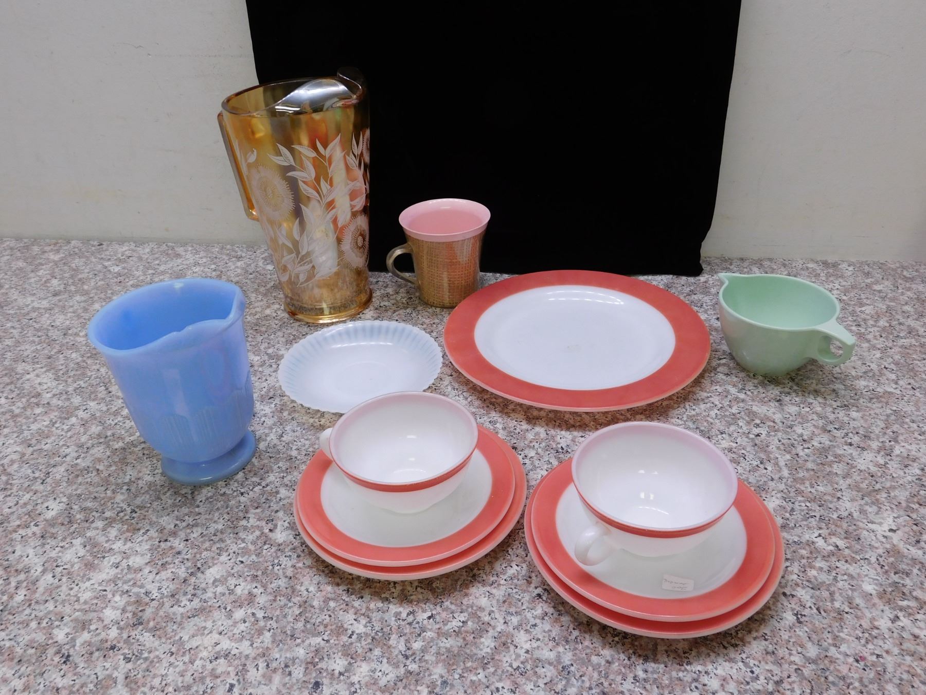 Lot of 12 Pyrex Plates, Tea Cups, Pink Rim, Delphite Milk Jug *chips ...
