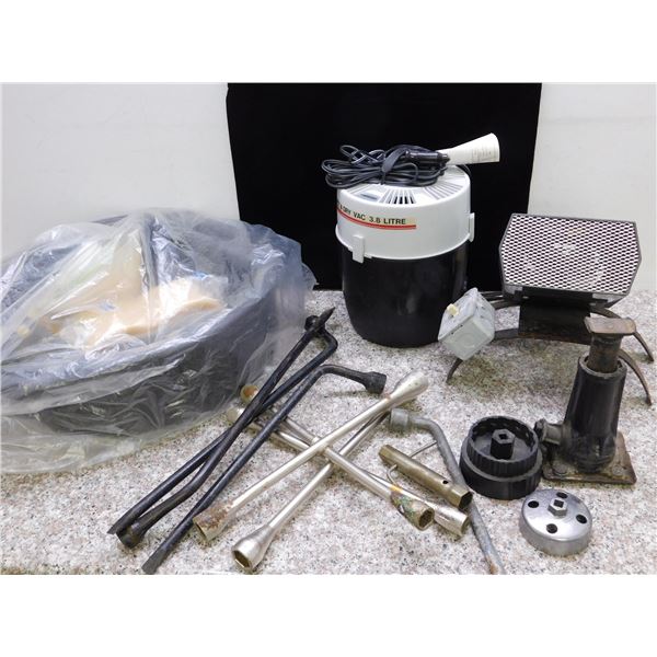 Lot of Misc Automotive Oil Change Funnels and Oil Pan, Electric Heater, Tire Irons, Car Jack, Etc