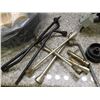 Image 2 : Lot of Misc Automotive Oil Change Funnels and Oil Pan, Electric Heater, Tire Irons, Car Jack, Etc