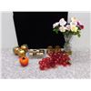 Image 1 : Lot of Fruit, Fine China Flowers, Crystal Vase and Brass Candle Holders / Napkin Rings