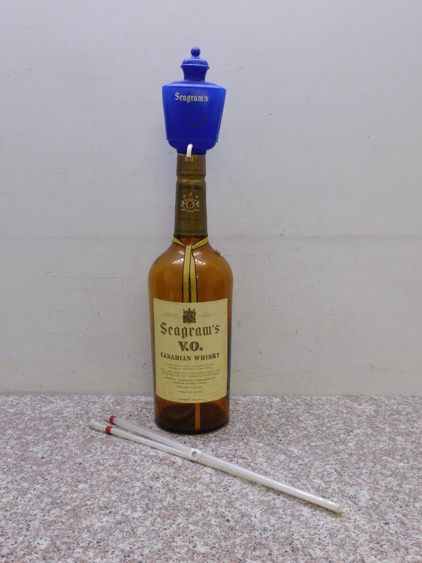 Seagrams 133 1/2oz Large Canadian Whisky Bottle With Pump and Spout, Extra Funnels