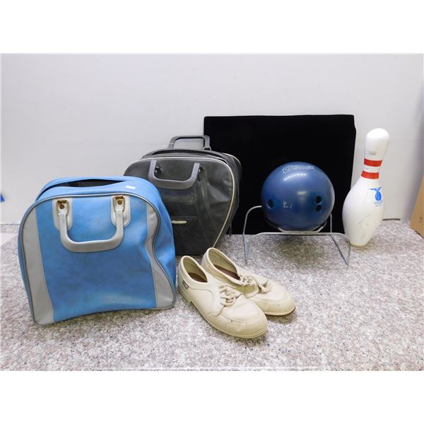 Lot of Bowling Items, 2 Bowling Balls with Bags, Bowling Pin and Shoes, 2 Stands