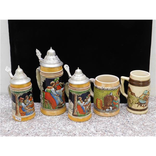 Lot of 5 German Beer Steins 3 with Metal Lids, Ceramic Pottery