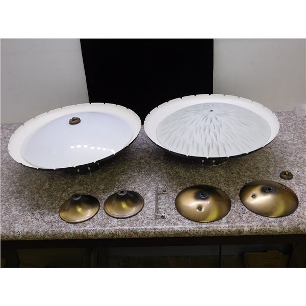 Pair of Light Fixtures Metal White Glass Domes *mismatched*