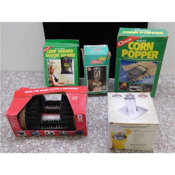 Lot of Assorted New Old Stock Camping Supplies, Chicken Roaster, Coleman Lantern, Corn Popper, Etc