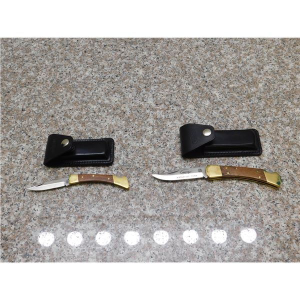 Lot of 2 Brass Wood Handle Folding Knives  3.5" Blade 8.5" total, 3" Blade 7" Total, + Pouches