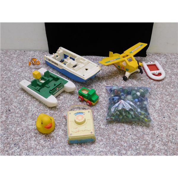 Lot of Assorted Vintage Toys Rubber Ducky, Marbles, Boats Fisher Price