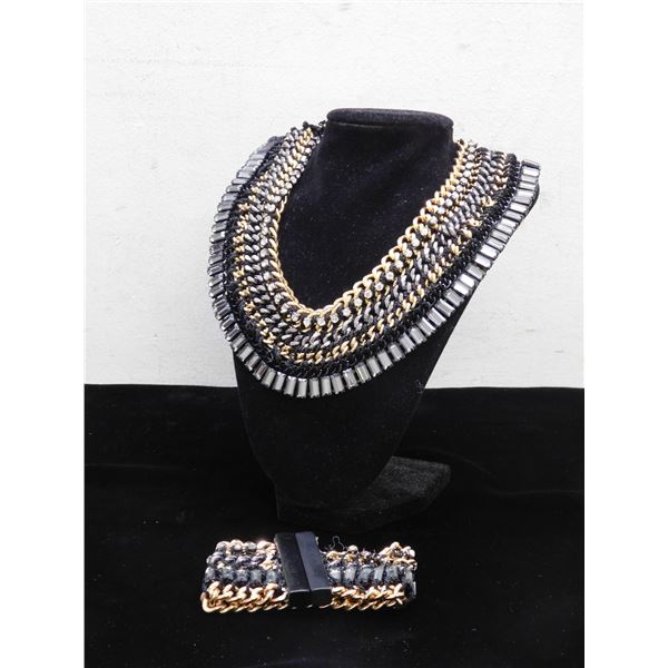 Large Dramatic Black and Gold Statement Necklace and Bracelet Costume / Fashion Jewelry Vintage