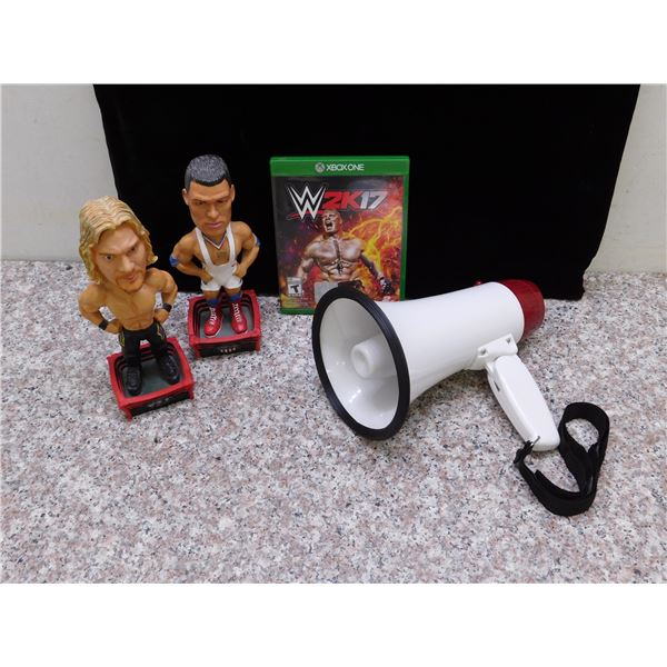Lot of 4 2 WWE WWF Bobble Heads Y2J and Kurt Angle, Megaphone *works* Xbox One WW2k17