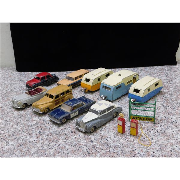 Lot of Dinky Die Cast Cars Trailers RCMP Car, Dunlop, Shell Pumps,