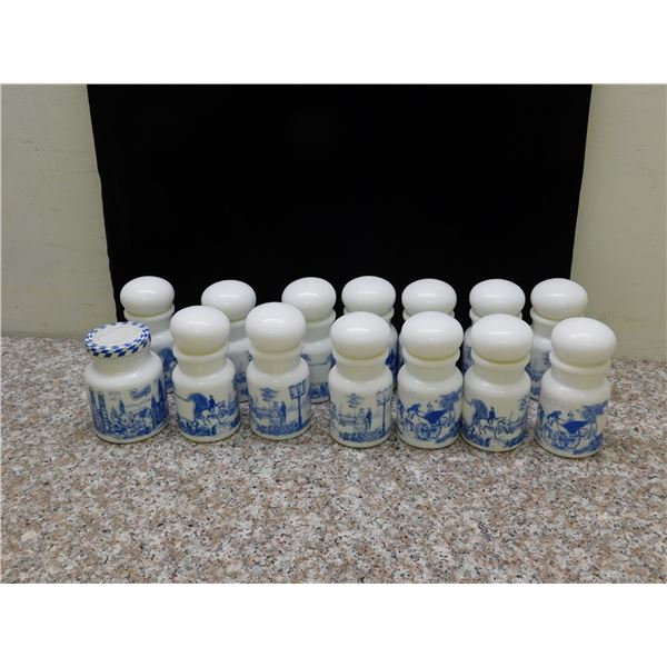 Lot of 14 1960s White Milk Glass Spice Bottles Apothecary Jars With Lids Blue White