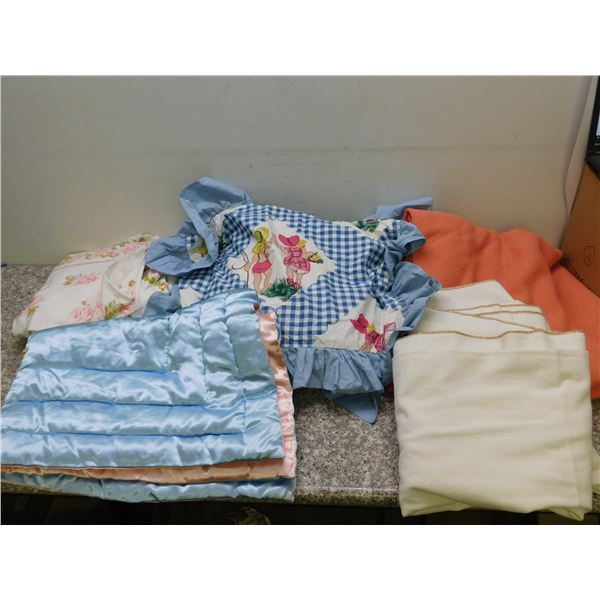 Lot of Assorted Blankets, Bedding Vintage Fabric Pillowcases, Baby Blanket, Throws